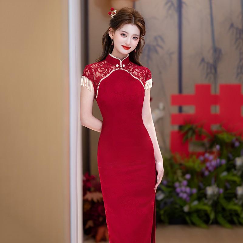 Elegant Red Lace Sleeveless Cheongsam Dress Wedding Guest Bridal Shower Banquet Chinese Style Long Qipao With High Slit