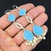 Sterling Silver Aqua Chalcedony Stone Dangling Wife Ethnic Hook Earrings Jewelry