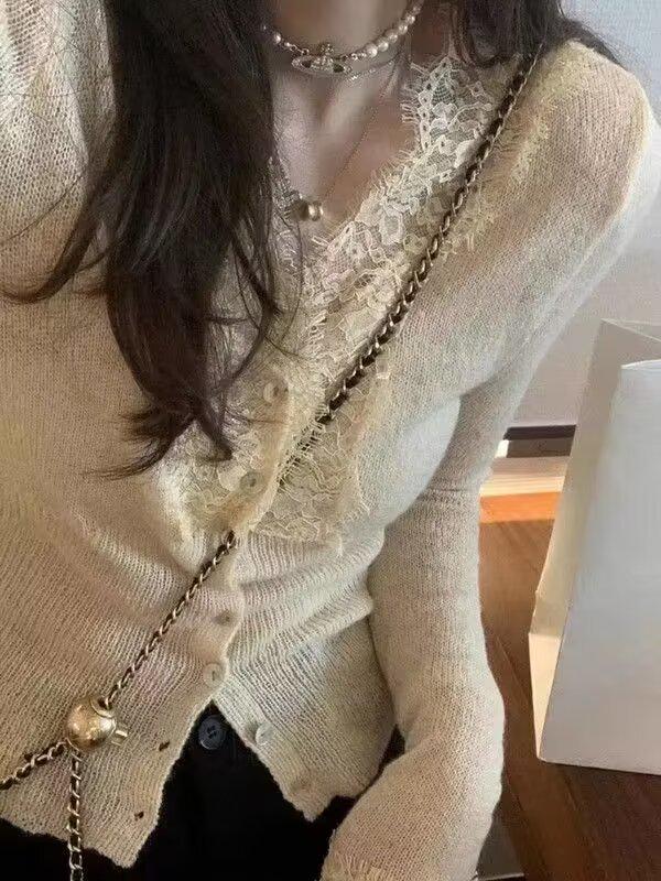 Black Slim Fit V-Neck Lace Trim Cardigan - Women's Long Sleeve Spring Sweater Top