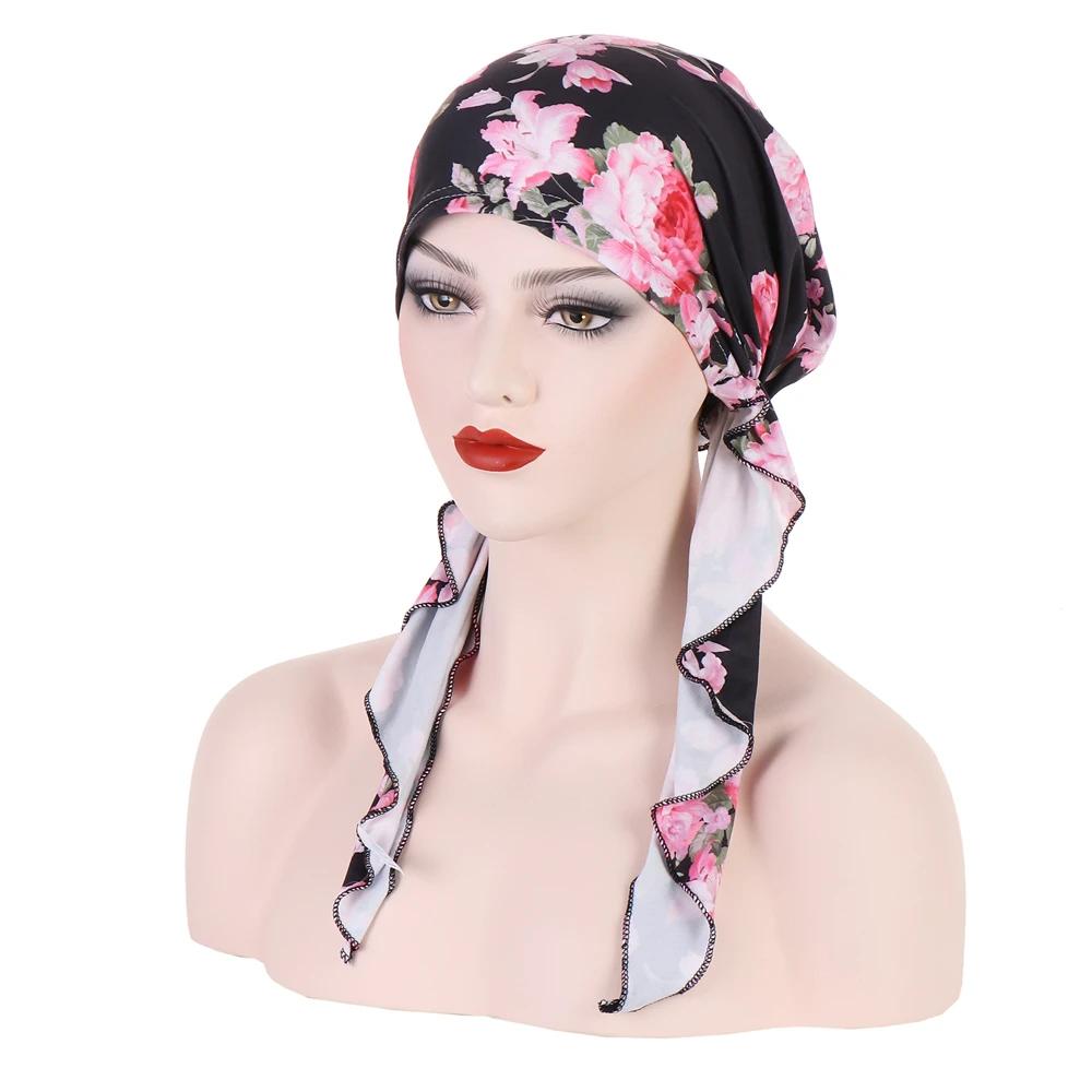 New Muslim Inner Hijab Turban Women Pre-Tied Cap Long Tail Headscarf Wrap Beanies Bonnet Head Scarf Stretch Headwear Ninja Hat