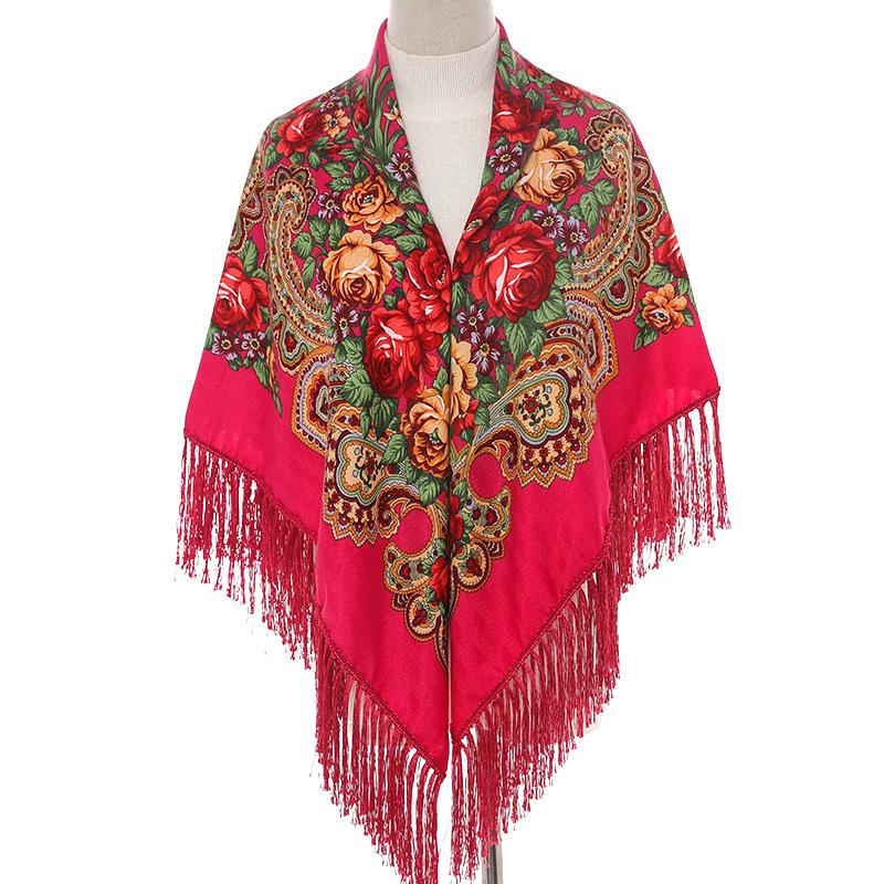 135*135cm Women Russian Style Big Square Scarf Shawl Retro Fringed Cotton Print Scarves Hijab Wraps Ethnic Shawls Bandana