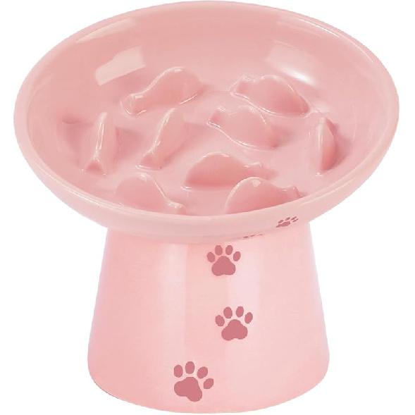 Y YHY Slow Feeder Cat Bowl, Ceramic Cat Slow Feeder Bowl, 6 Inches, Elevated, Anti Vomiting for Dry and Wet Food, White