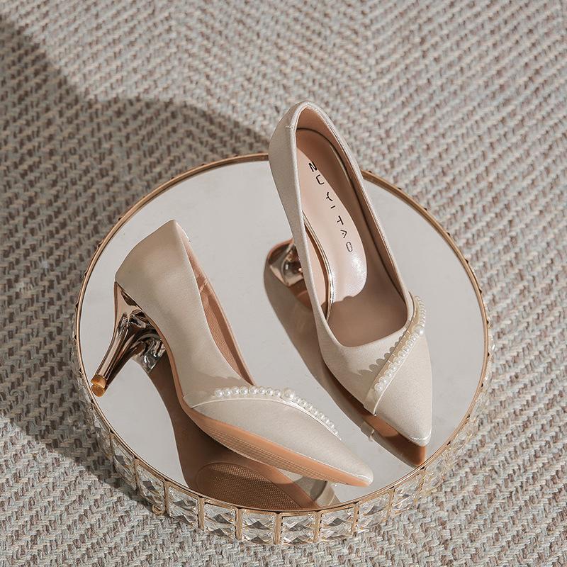 French Bar Mitzvah High Heels New Niche Versatile Bridesmaid Shoes Pearl Fine Heel Bride with Wedding Shoes