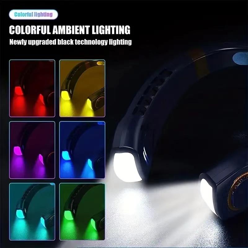 New Portable Bladeless Hanging Neck Fan with LED Digital Display Ice Ceramic Cooling Colorful Light