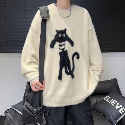 Men's Cute Cat Pattern Sweater Loose Crew Neck Knitted Pullover Long Sleeve Autumn Jumper Winter Warm Clothes