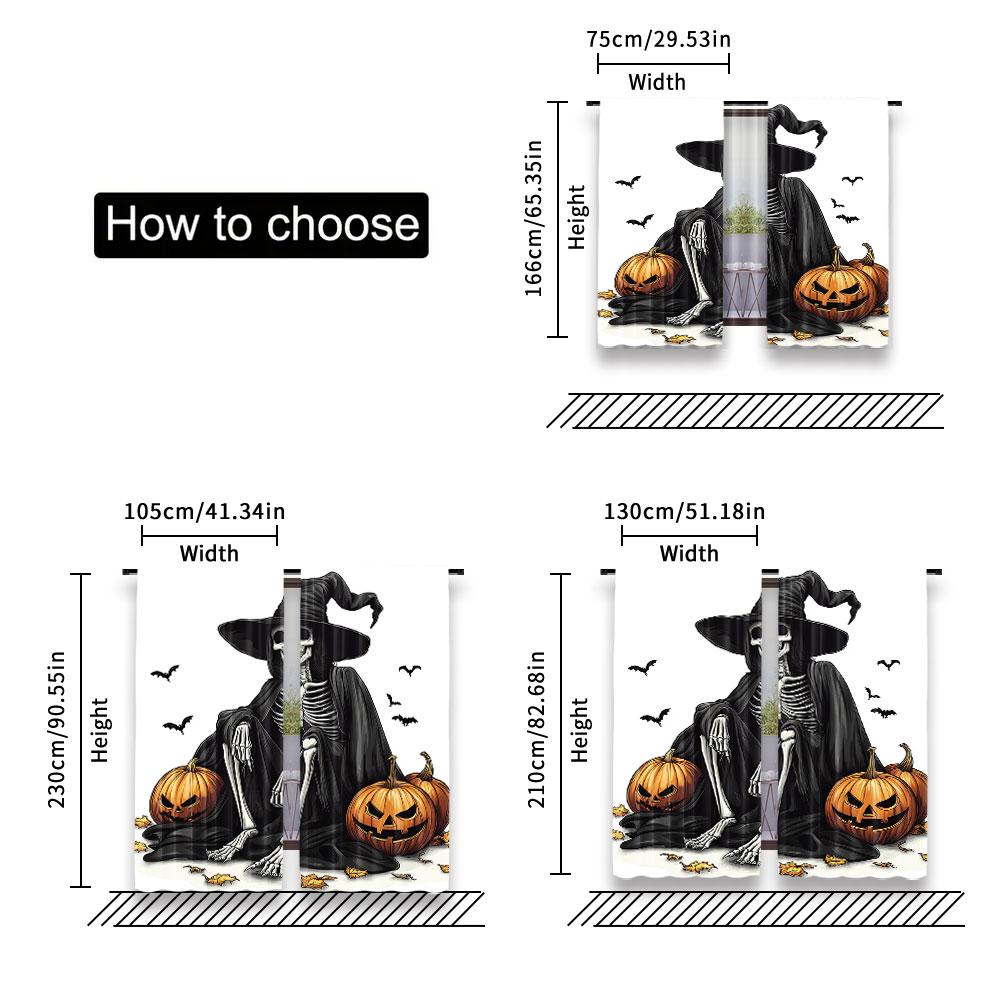 Set Of 2 Horror Halloween Witch Skeleton Curtain Evil Bat Pumpkin Decoration Window Drapes Party Home Office Classroom Curtains Made Polyester