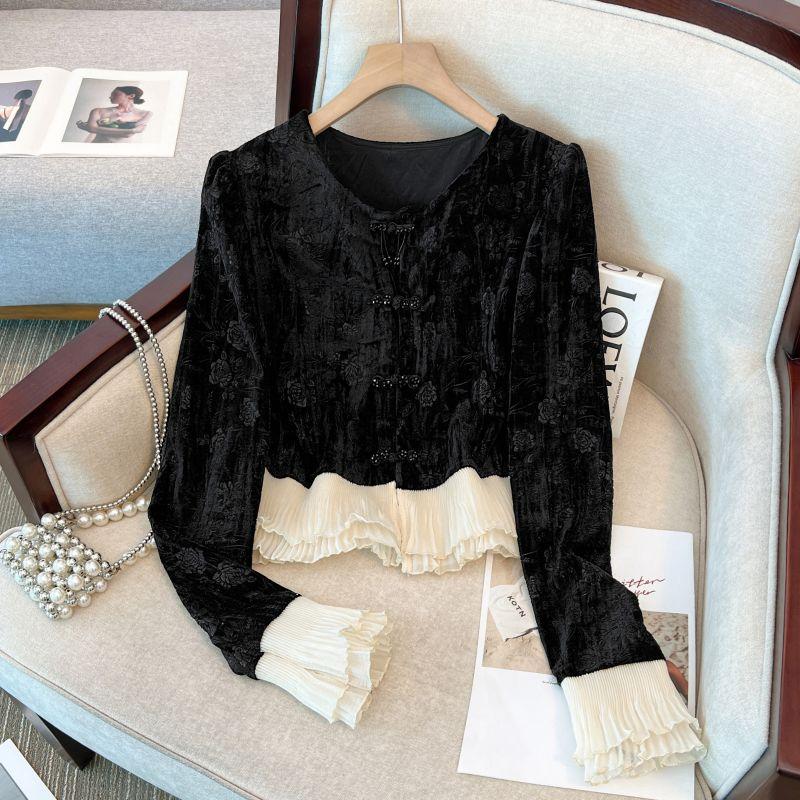 

Ретро пуловер с круглым вырезом, сшитый пуговицами, с длинными рукавами, модный женский топ из золотого бархата S чёрный