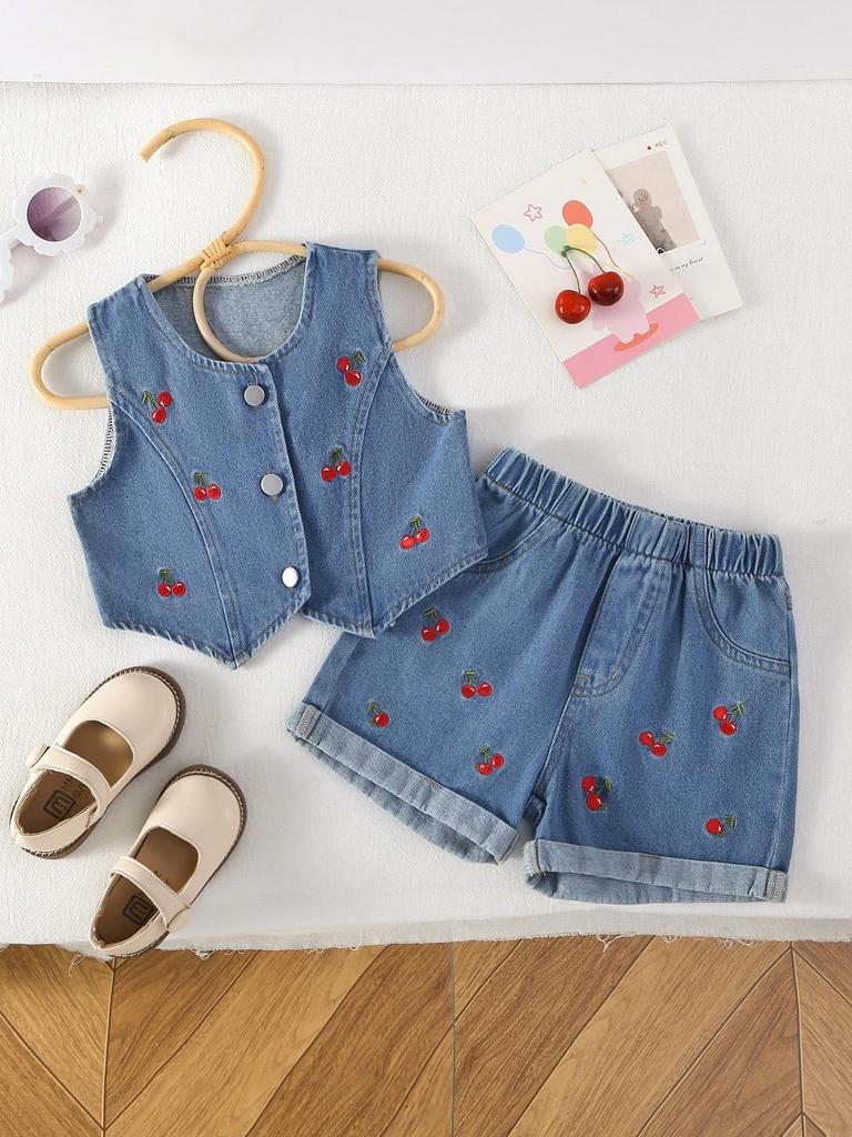 Two-piece Set for Girls: Sweet Cherry Embroidered Button-down Sleeveless Top and Versatile Retro Blue Denim Shorts with Rolled-up Cuffs.