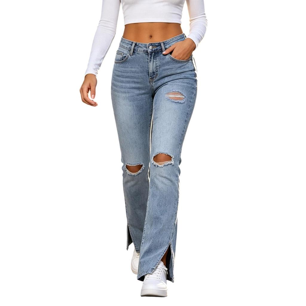 Women's Slim Fit Distressed Jeans with Side Slit Hem - Stretch Denim Casual Pants