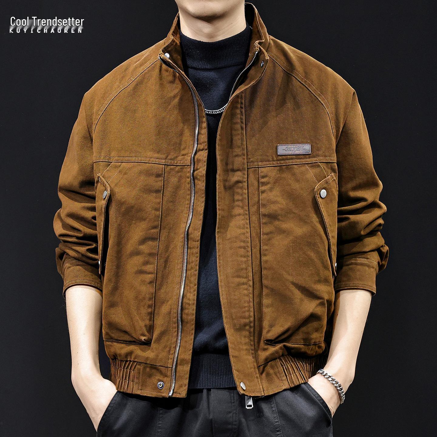 

Men s American Retro Stand Collar Casual Jacket - 2025 Autumn/Winter Heavyweight Plus Size Trendy Outerwear 4XL fits 200-220 lbs жовтий/імбирний