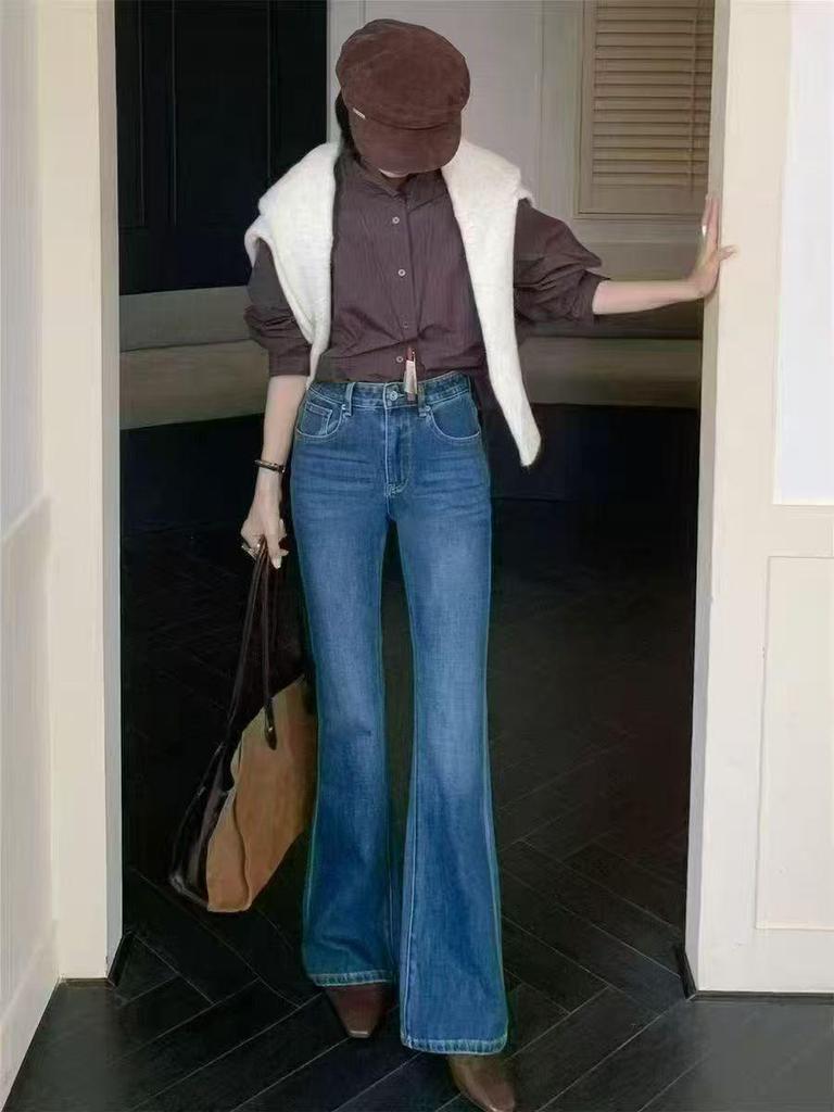 Fansi Yu 2025 Autumn/Winter European Style High-Waist Micro-Flare Stretch Denim Jeans for Women
