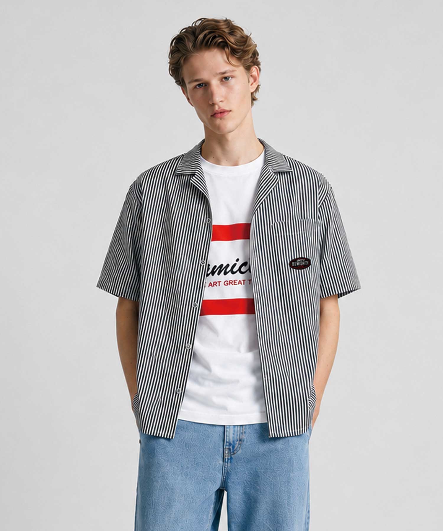 B Mighty Striped Open Collar Short Sleeve Shirt Black Black/L
