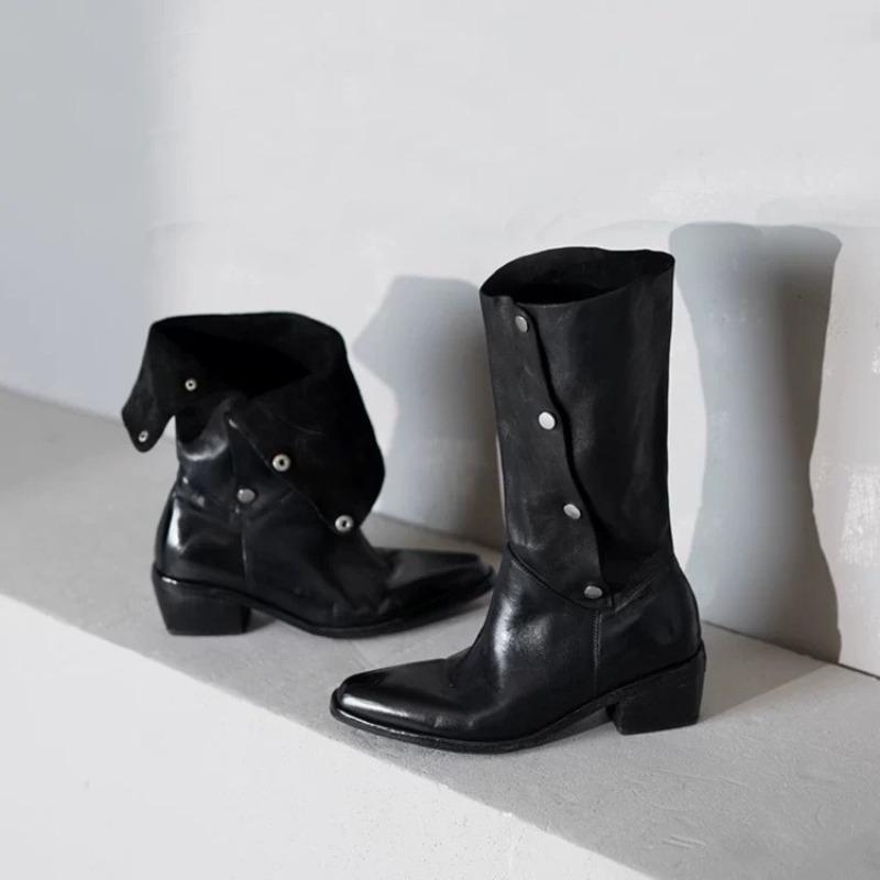 British style high-end sense niche lapel two wear western cowboy boots women's autumn and winter thick heel medium boots knight boots