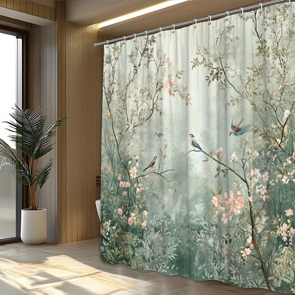 Duschvorhang | Ruhige Waldszene Mit Rosa Blüten & Singvögeln Design | Polyesterstoff | Maschinenwaschbar