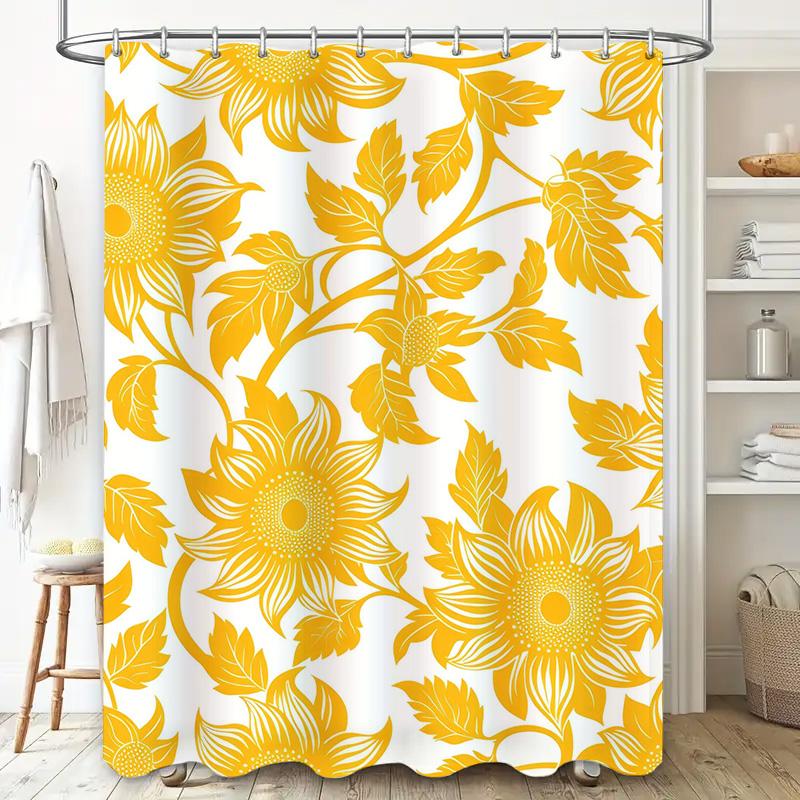 Sunflower Bath Mat Shower Curtain Set Home Decor Waterproof Fabric Printed Window Treatment 210x185cm White Yellow