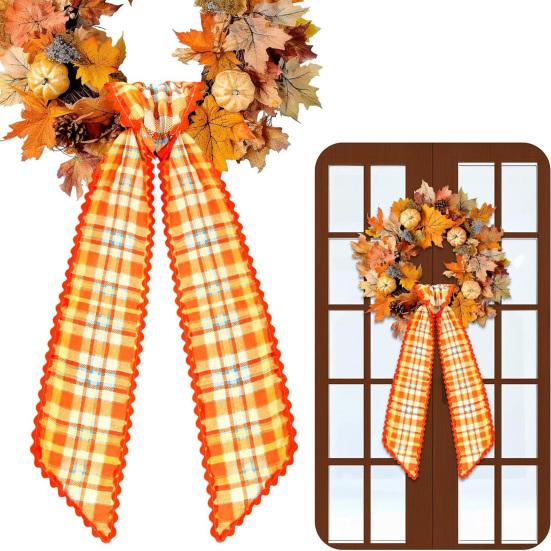 Harvest Party Decor Fall Scalloped Wreath Sash for Front Door, 55 Inch Plaid Gingham Autumn Holiday Home Thanksgiving Ribbon Yard Porch Doorway Indoor