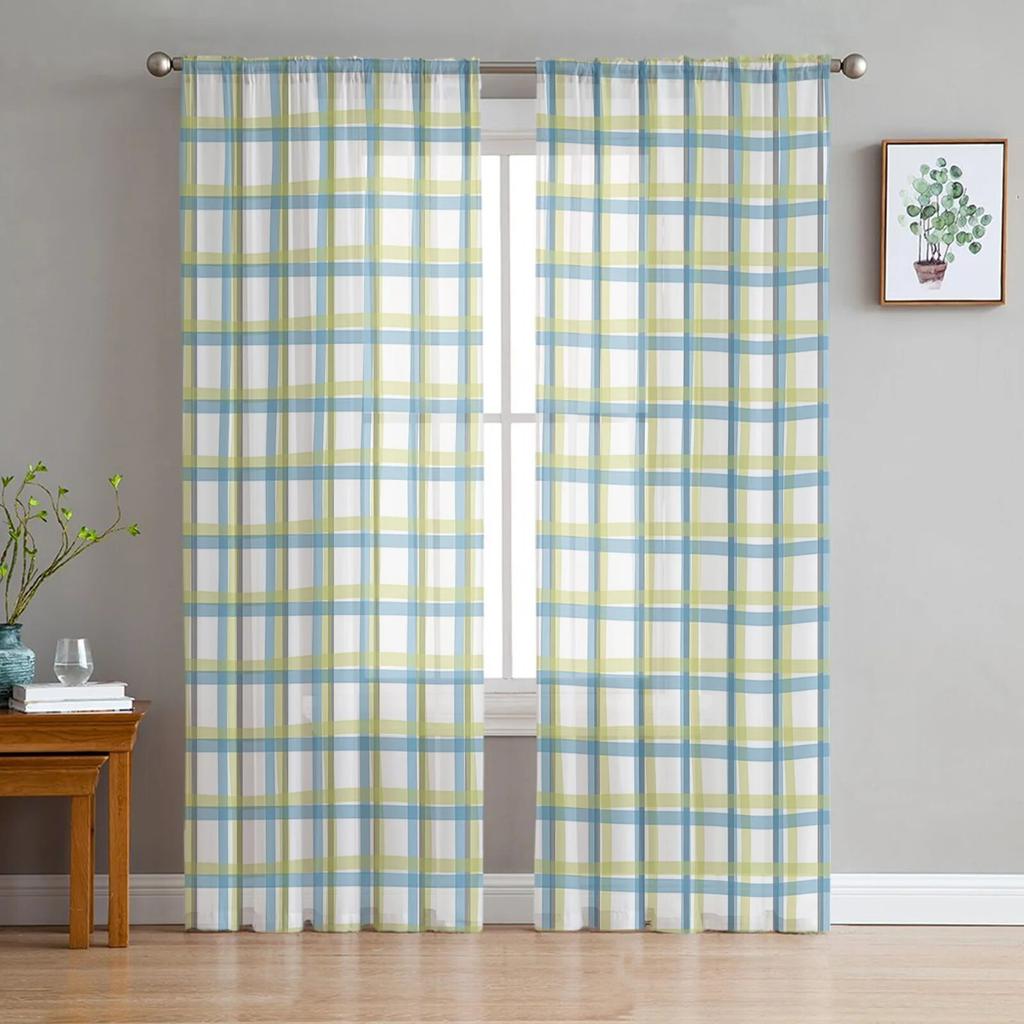 Plaid Geometric Weave Voile Sheer Curtains For Living Room Window Chiffon Tulle Curtain Kitchen Bedroom Drapes Home Decor