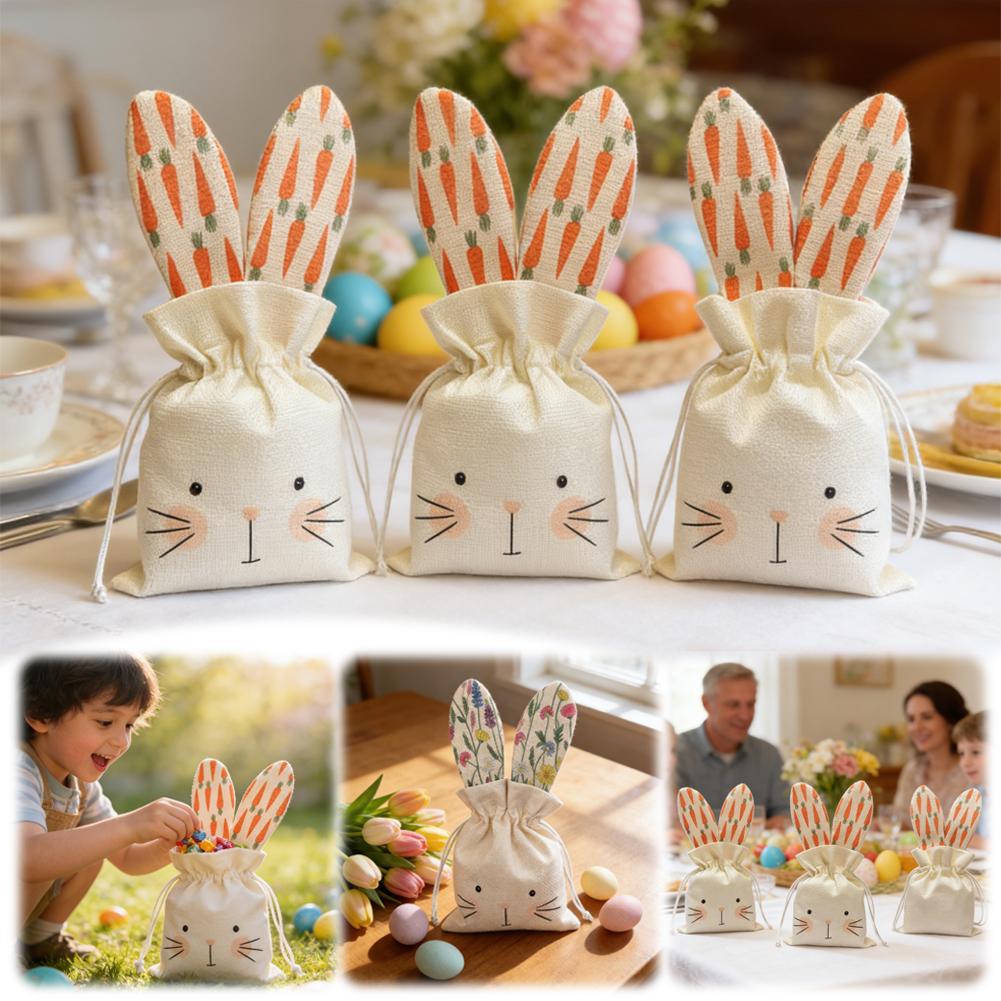 1Pcs Easter Fabric Rabbit Linen Candy Bag Rabbit Ears Design Adorable Rabbit Decor Linen Drawstring Bags Drawstring Closure Gift
