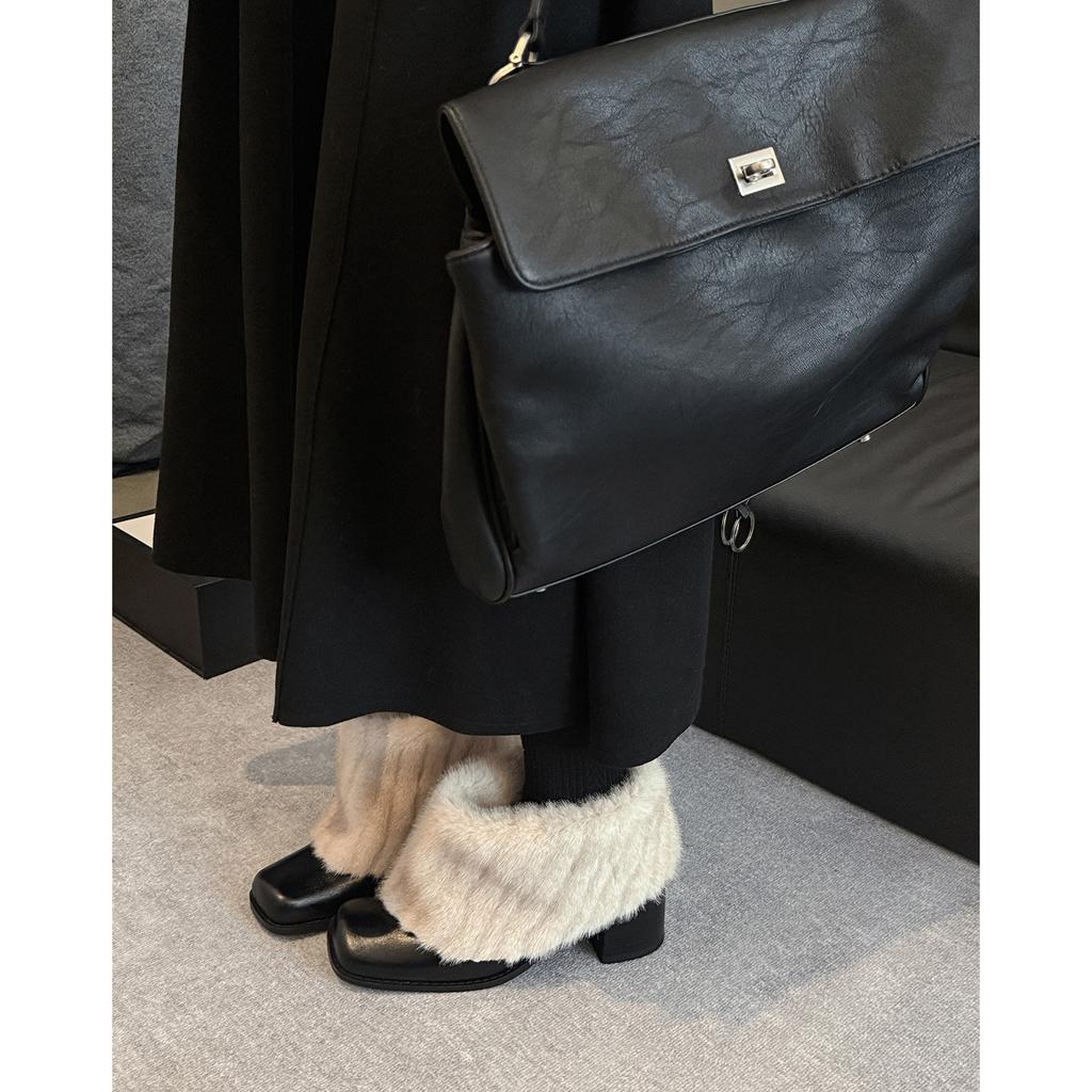 Hairy short boots thick heel square head piled and thickened design wide tube thin boots