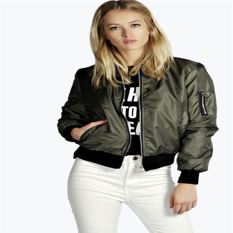 Stylish Womens Classic Padded Bomber Jacket Vintage Zip Biker Coat Long Sleeves