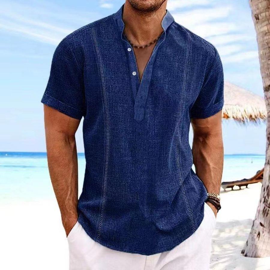 Hallow Stripe Cotton Shirts Mens Vacation Solid Buttons Stand Collar Short Sleeve Shirt Casual Men White Blue Men Clothes