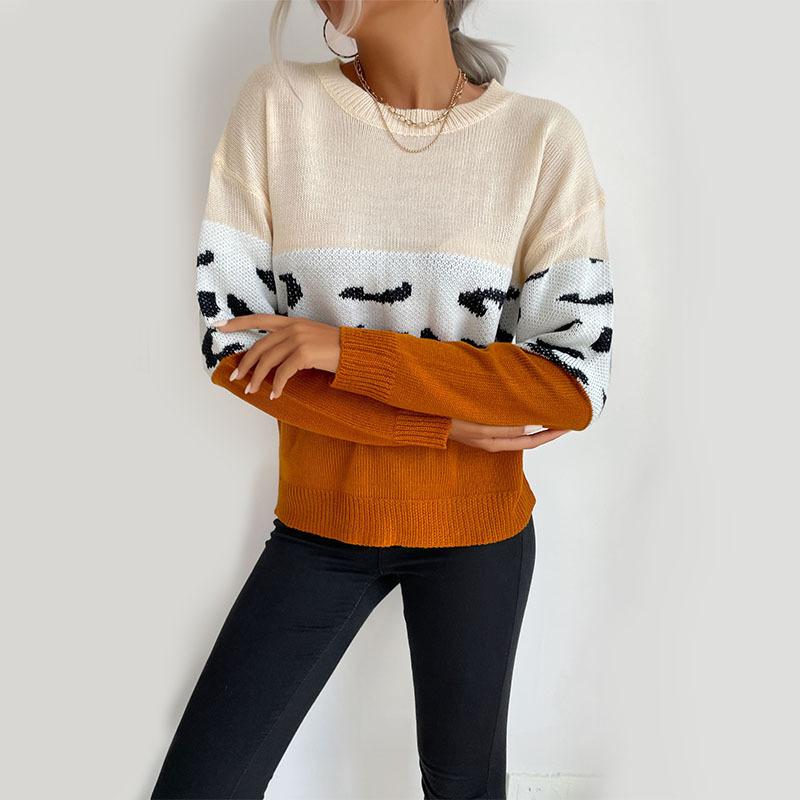Women's Sweater, Color-Block, Leopard Print, Long Sleeve