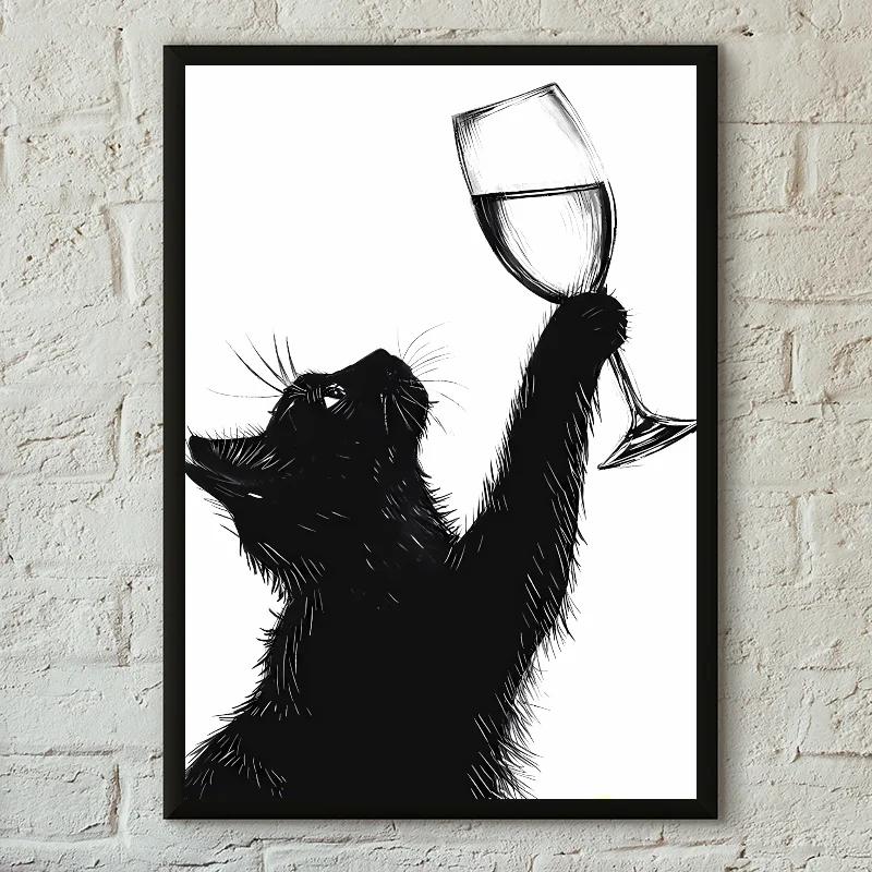 1PC Funny Black White Cats Red Wine Poster Poster Print Home Living Room Bedroom Entrance Bar Cafe Art Canvas Painting Decor