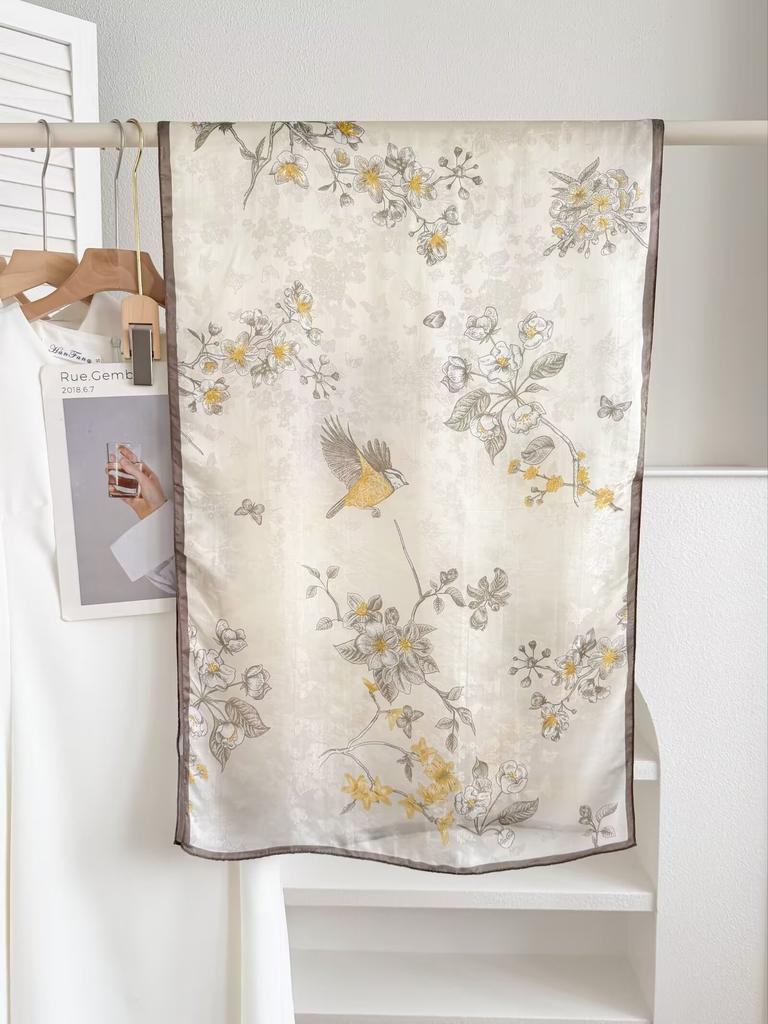 New Sangbo Satin Silk Long Scarf New Chinese Printed Silk Scarf Women's Spring and Summer Versatile Sunscreen Shawl Gift Accessories