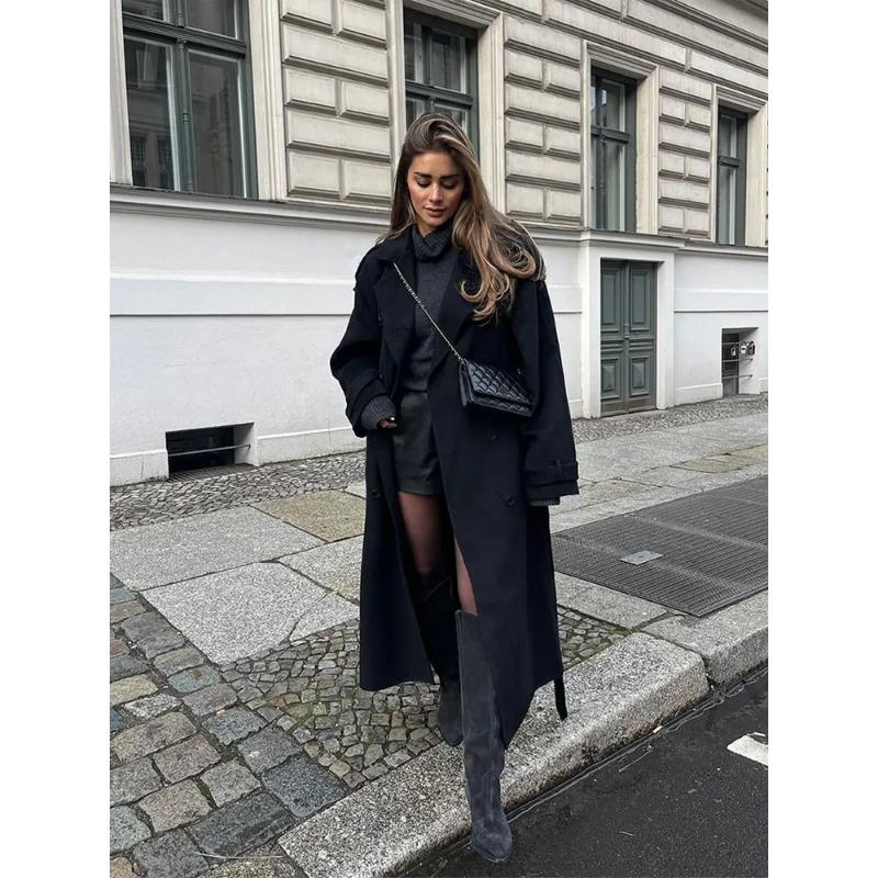 Elegant Lapel Striped Oversize Overcoat Women Casual Full Sleeve Long Coat Autumn Winter Lady Commuting High Street Outerwear