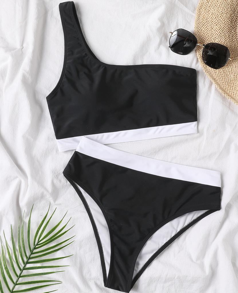 Women's Swimsuit Colorblock One Shoulder High Waist Sexy Bikini Set Brazilian Beachwear Bathing Suits