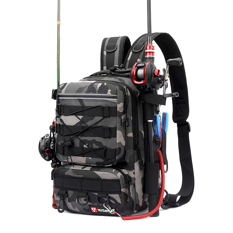 Zaino da Pesca Multi-Scomparto Marsupio Porta-Esche Impermeabile Tessuto Oxford Porta-Canna Con Scomparti per Attrezzatura