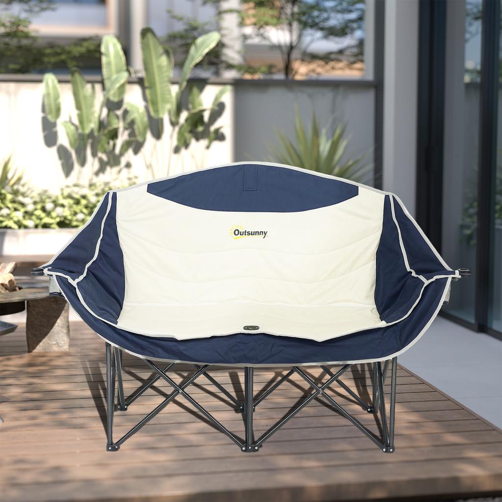 Folding Chair Foldable 2-Seater Camping Chair with Drink Holder Carry Bag Holds Up To 250kg Blue