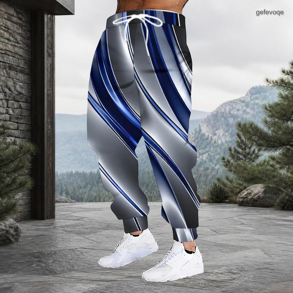 Men Plus Size Drawstring Printed Jogger Pants Teal White Black Striped Star Pattern Cuffed Ankle Side Pockets
