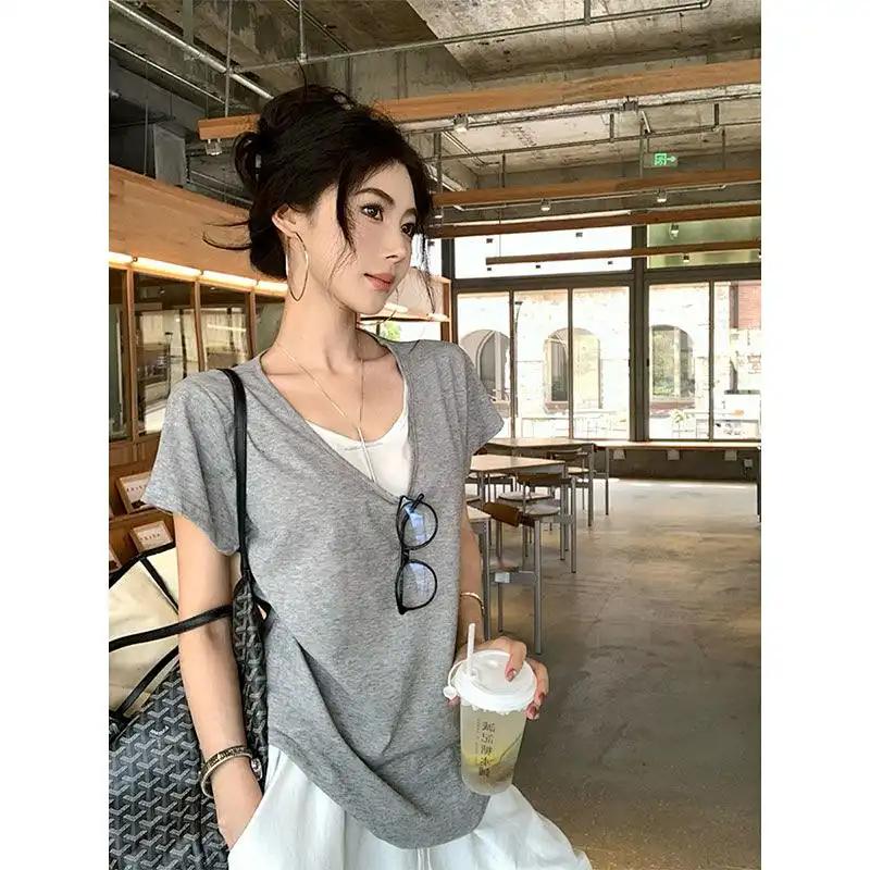 Spring Summer Women Fake Two Piece T Shirt Deep V Neck Contrast Color Snowflake Cotton Casual Slim Fit Short Sleeve Tee Tops