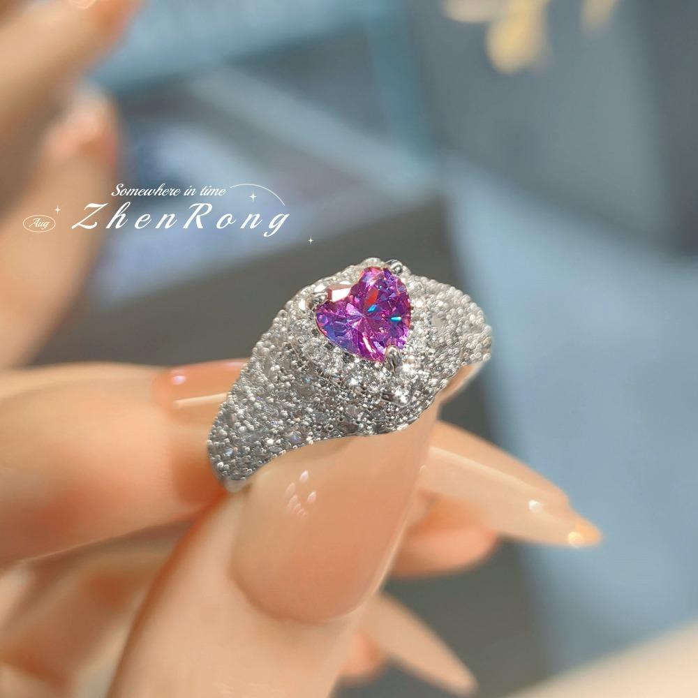 Elegant Open Ring Purple Rose Heart Shape Full Diamond Micro Paved High Carbon Steel Adjustable Fashion Ring for Women