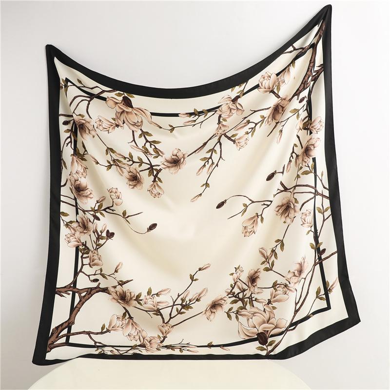 Headscarf Printed Twill Silk Large Square Scarf Small Fragrant Silk Scarf Women'S Anti-Sun Scarf Decorative Scarf Shawl 90Cm