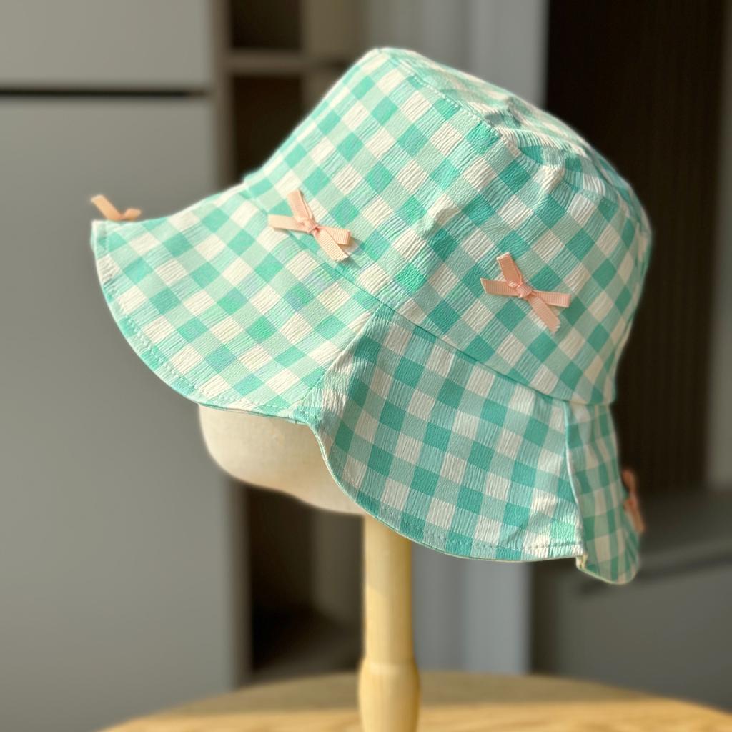 Women's Spring Summer Simple Plaid Bucket Hat Korean Version Fashionable Versatile Sunshade Sunscreen Sweet Bow Basin Hat