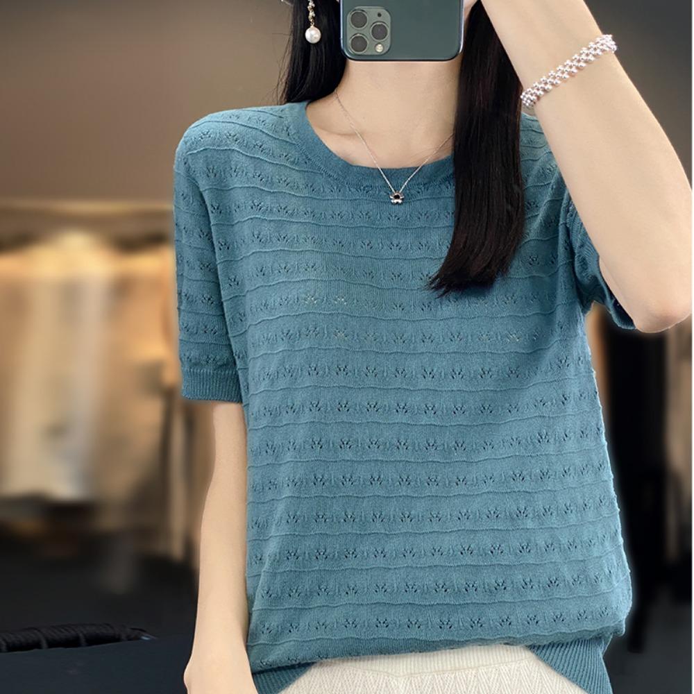 2026 Summer New Short-sleeved Women's Thin Hollow Loose Large Size T-shirt Round Neck Solid Half-sleeved Top