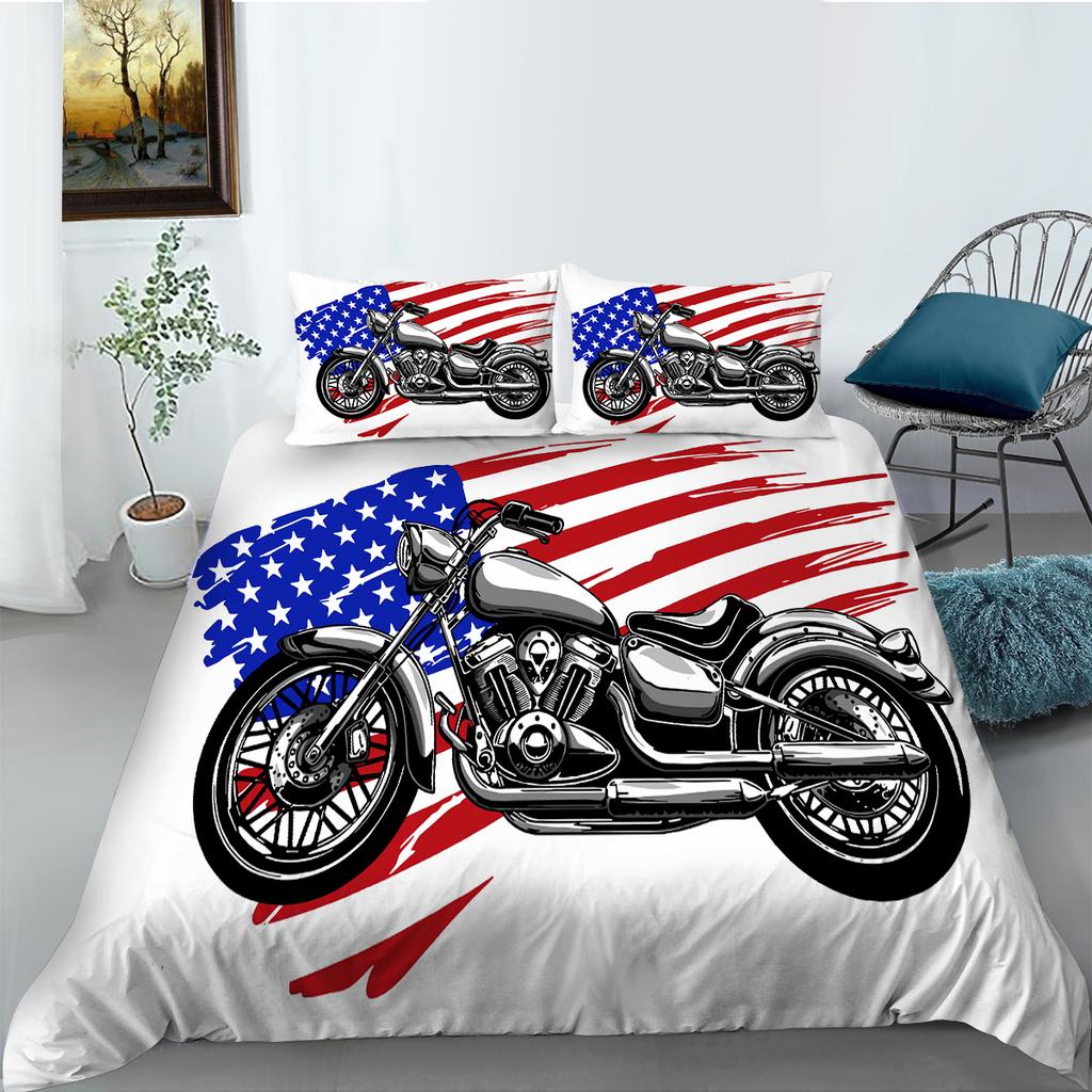3D-Motorrad-bedrucktes Bettwäsche-Set im Industrie-Stil, Bettbezug, Kissenbezug-Set, Einzel-/Doppelbett, für Jungen und Jugendliche, cooler Bezug