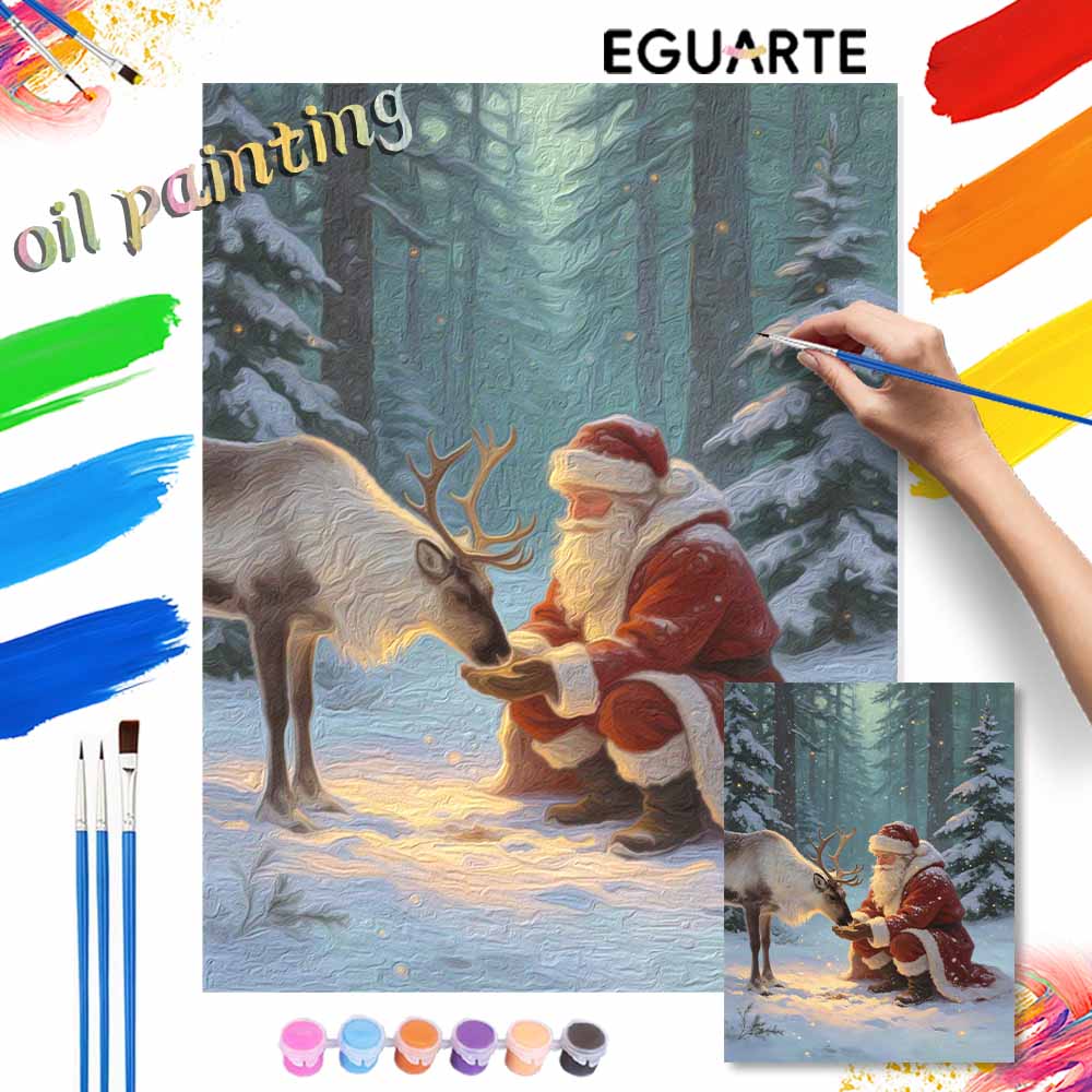 Christmas Santa Claus and reindeer forest snow digital painting oil painting art kit hand painting home decoration painting