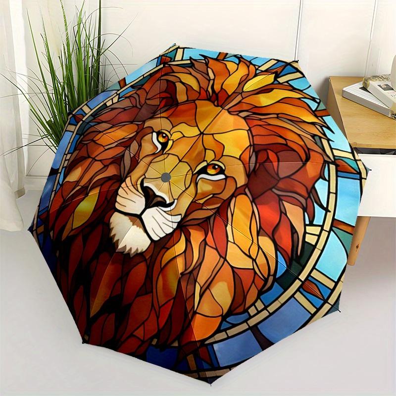 1pc Lion Stained_Glass Automatic Folding Umbrella, 8-Rib Sturdy Canopy, Portable Travel Umbrella for Outdoor Use