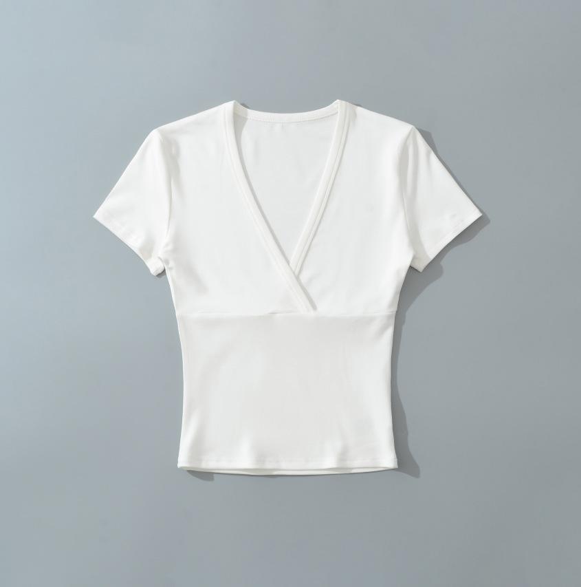 Cross Deep V-neck Short-sleeved T-shirt Women's Summer New American Spice Girl Style Solid Color Thin Short Bottoming Top