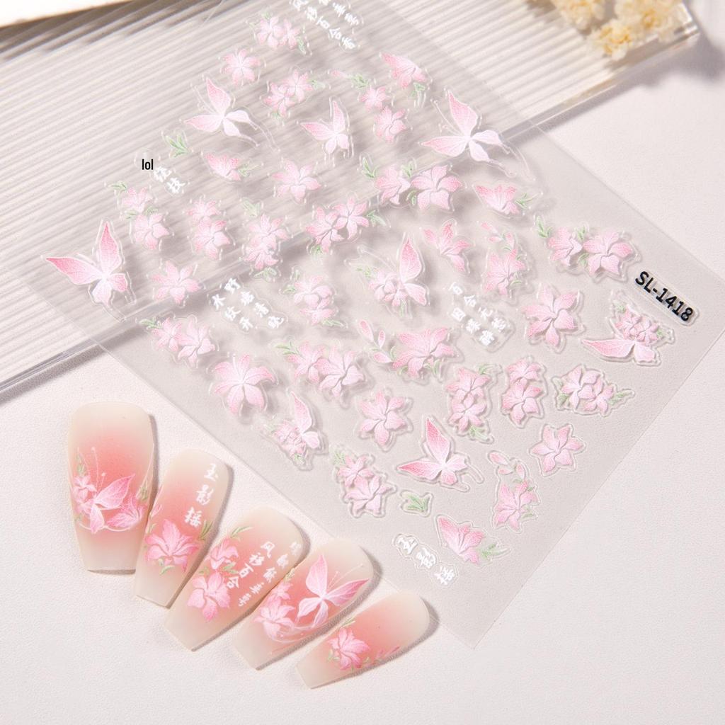 5D Embossed Pink Flower & Butterfly Nail Art Stickers - Charming DIY Nail Decals