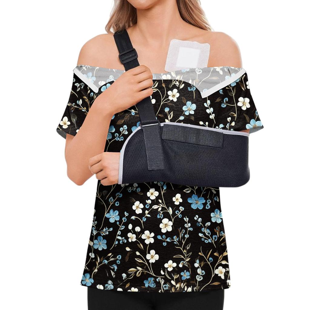 Women Postoperative Short Sleeve Floral Print Shirt with Shoulder Zipper and Side Hook and Loop Closure for Easy Dressing Comfort