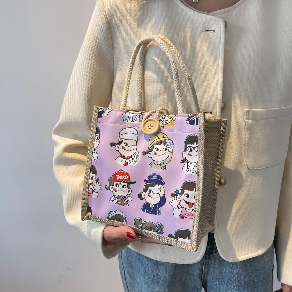 Cartoon Lunch Box Bag for Women Linen Tote Bag for Going Out Durable Makeup Storage Bag for Summer Hand-carrying Canvas Shopping Bag