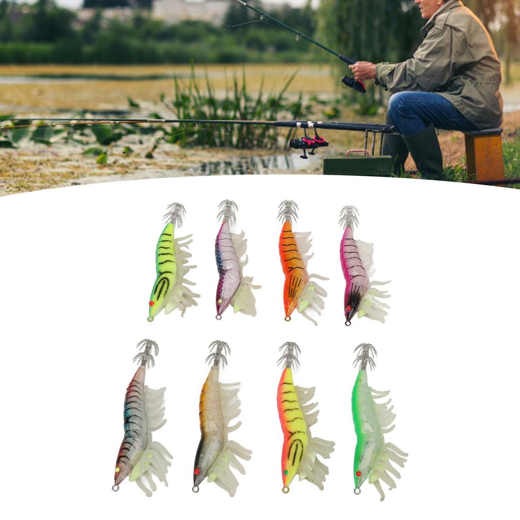 8pcs Shrimp Lures Luminous Silicone Realistic with Sound Beads Shrimp Baits for Squid Octopus 3.5
