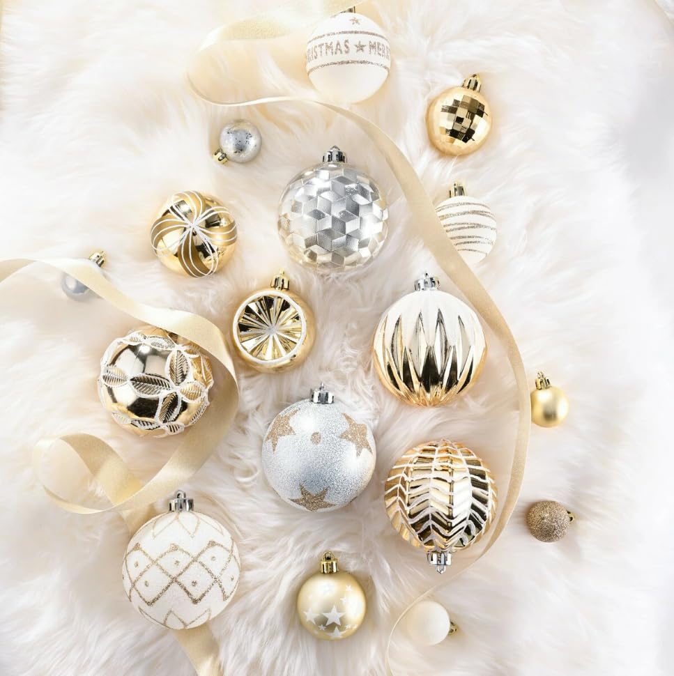 Valery Madelyn Christmas Pack of White Christmas Tree Day Store Elegant Ornaments, Large, 8cm, 16, Gold, Platinum, Decorations, Valentine's Ornaments,
