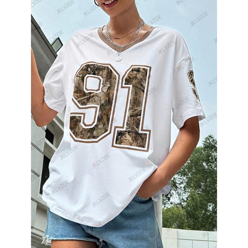 

Summer New Retro No.91 Printed T-Shirt For Women V-Neck Short Sleeve Sports Football Jersey Y2K Loose Oversized Tops XL