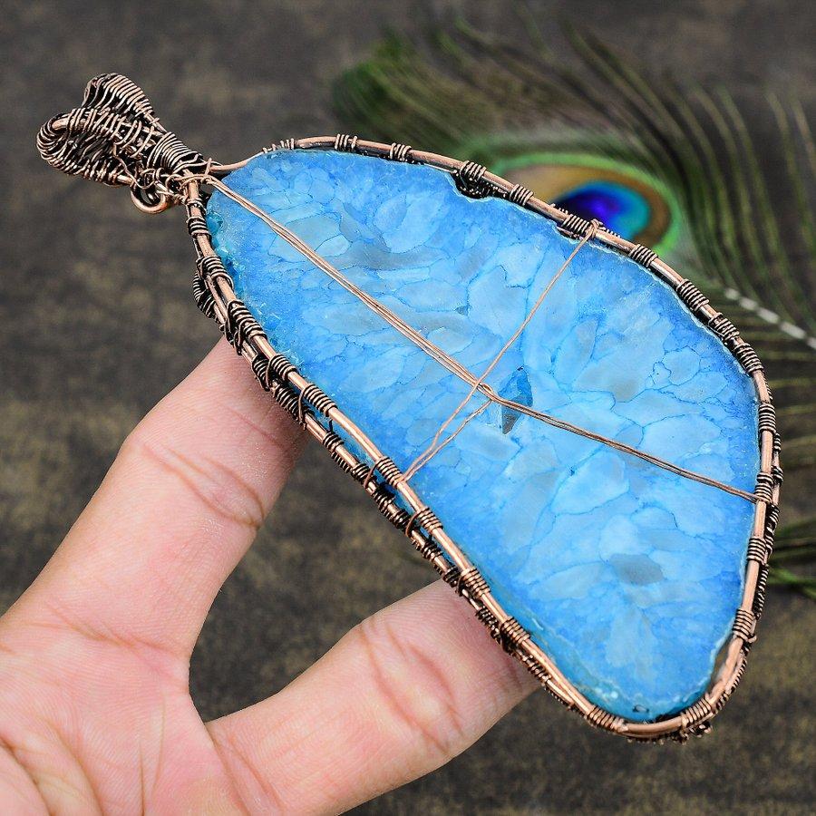 Natural Aqua Solar Druzy Gemstone Handmade Copper Wire Wrap Pendant 5.12 I2D76