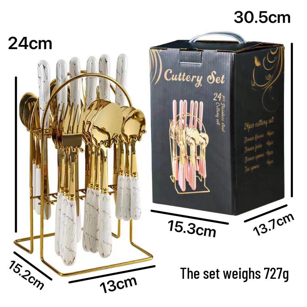 Stainless Steel 24-Piece Cutlery Set with Imitation Ceramic Handles - Includes Knives, Forks, and Spoons in Gift Box.